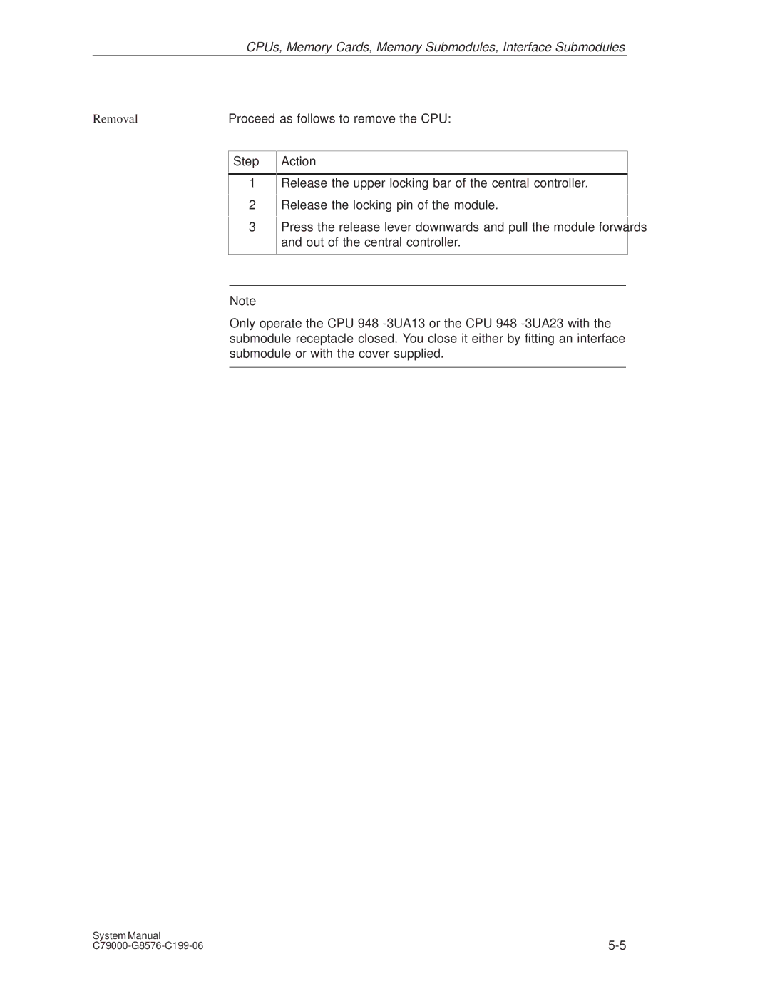 Siemens S5-135U/155U appendix Removal, Proceed as follows to remove the CPU 