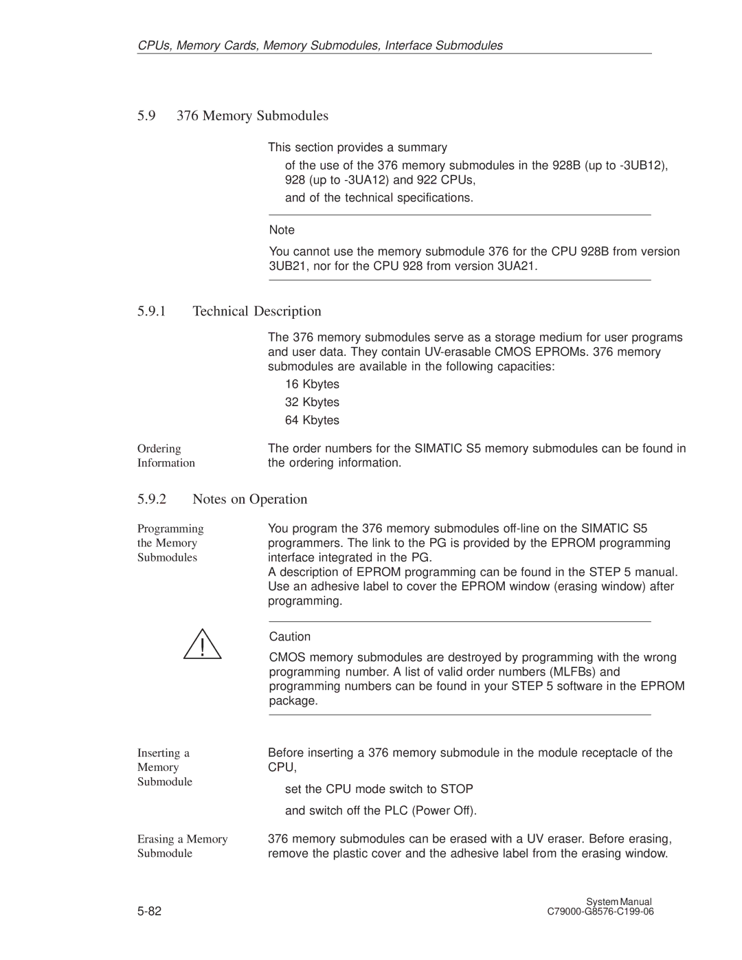 Siemens S5-135U/155U appendix Memory Submodules, Programming, Inserting a Memory Submodule Erasing a Memory Submodule 