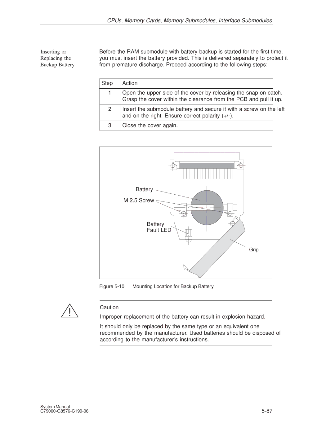 Siemens S5-135U/155U appendix Inserting or Replacing the Backup Battery, Battery Screw Fault LED 