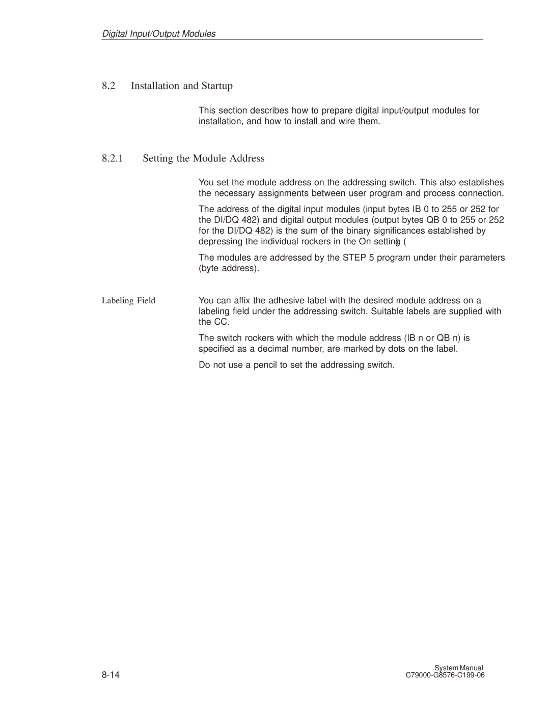 Siemens S5-135U/155U appendix Setting the Module Address, Labeling Field 