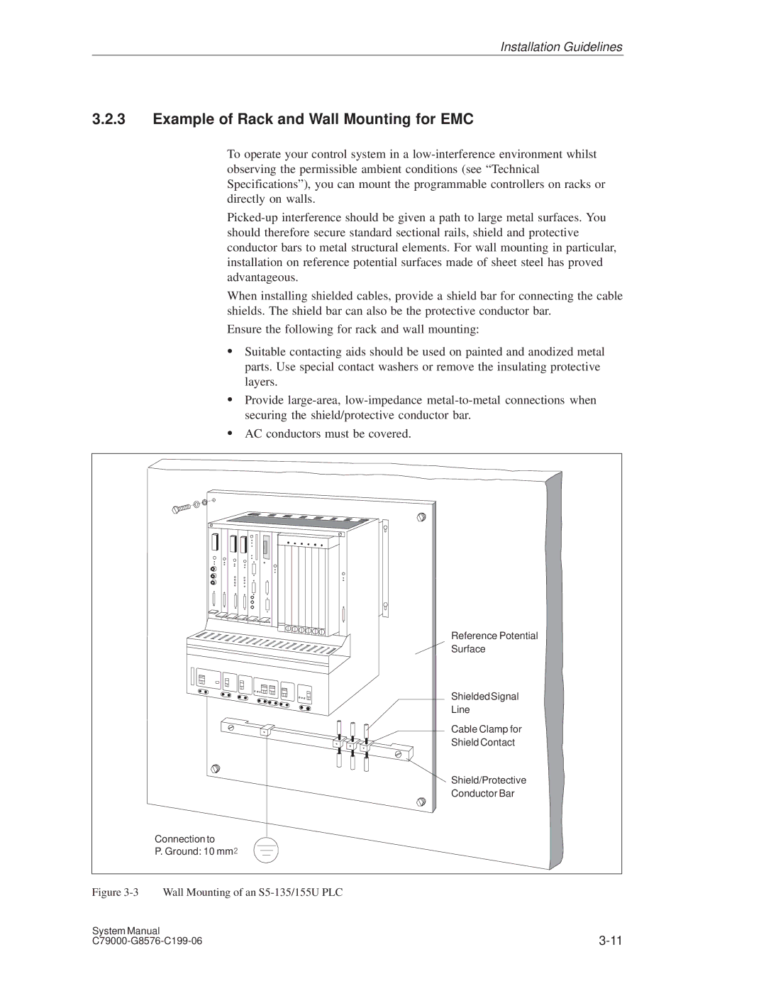 Siemens S5-135U/155U appendix Example of Rack and Wall Mounting for EMC, Wall Mounting of an S5-135/155U PLC 