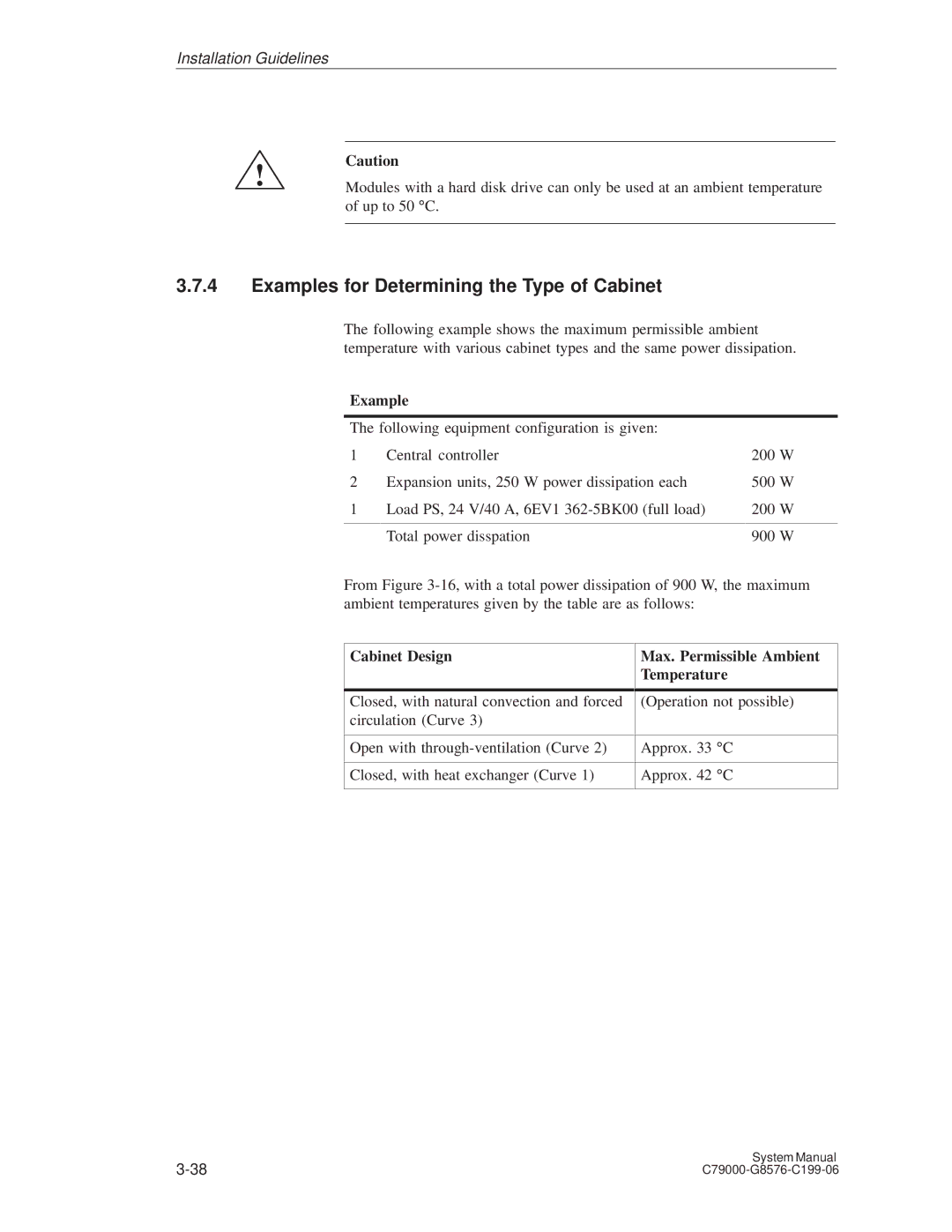 Siemens S5-135U/155U Examples for Determining the Type of Cabinet, Cabinet Design, Max. Permissible Ambient Temperature 