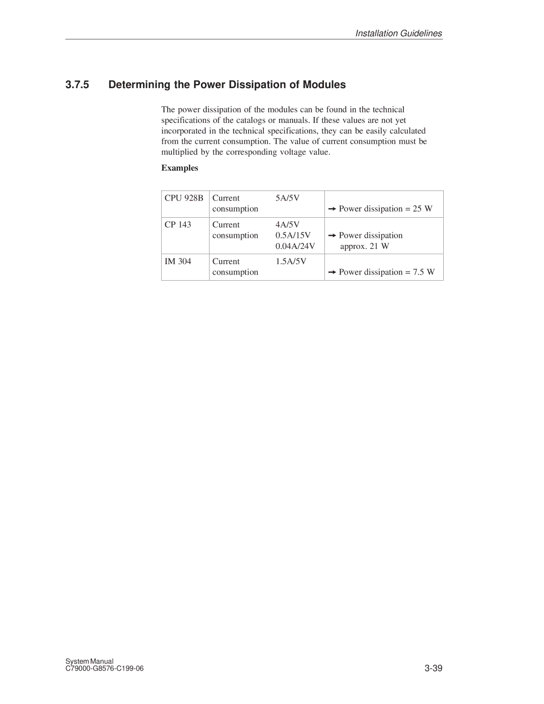 Siemens S5-135U/155U appendix Determining the Power Dissipation of Modules, Examples 