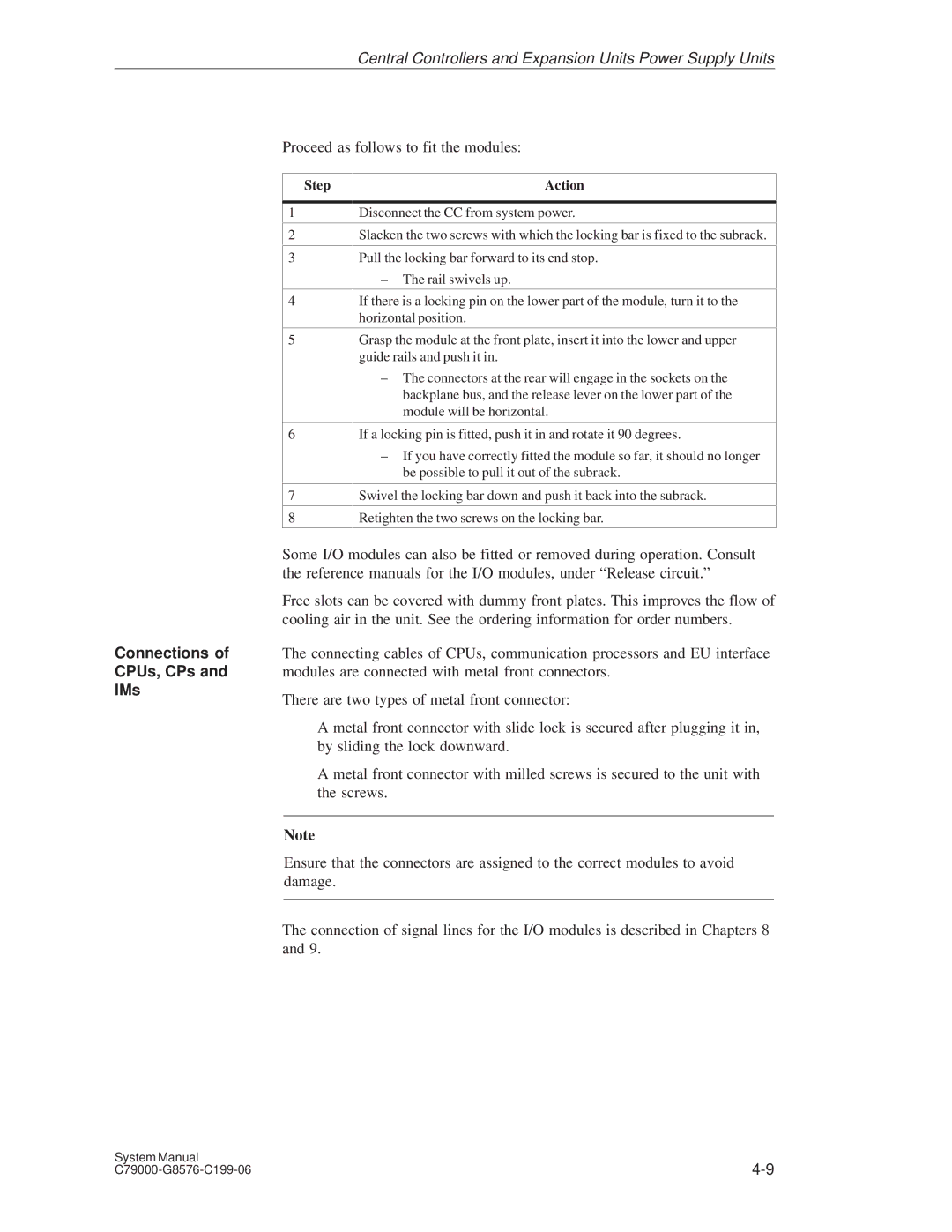 Siemens S5-135U/155U appendix Proceed as follows to fit the modules, IMs, Step Action 