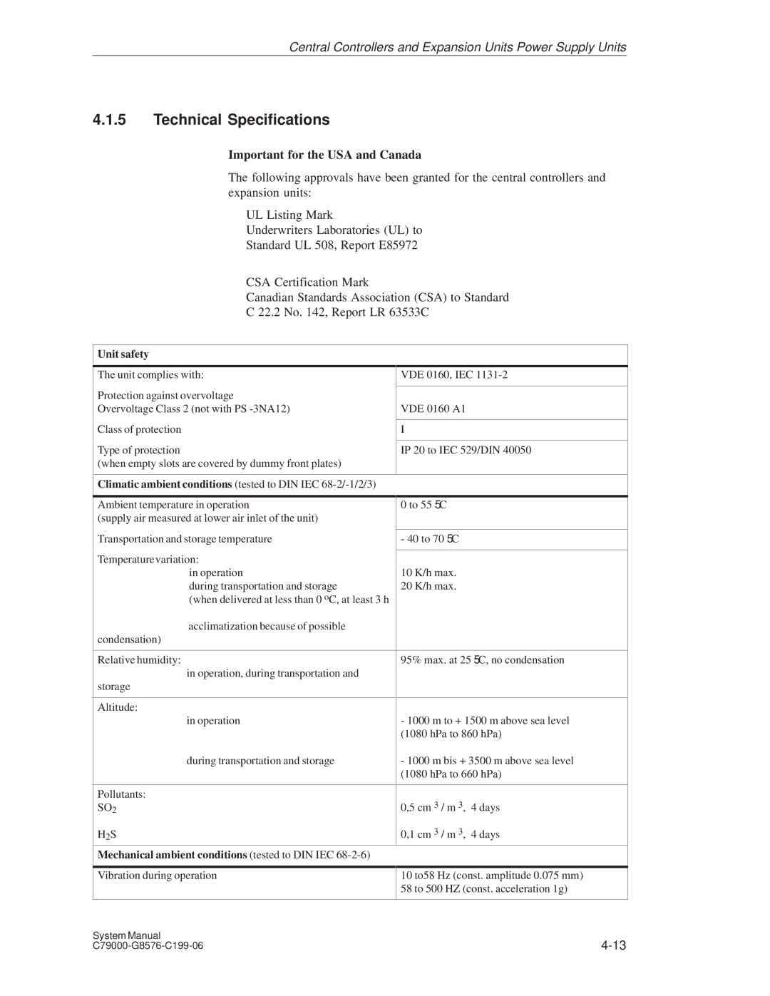 Siemens S5-135U/155U appendix Technical Specifications, Important for the USA and Canada, Unit safety 