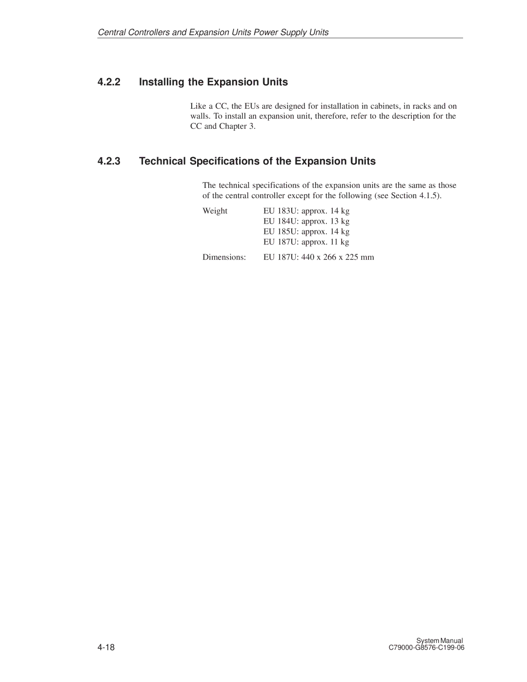 Siemens S5-135U/155U appendix Installing the Expansion Units, Technical Specifications of the Expansion Units 