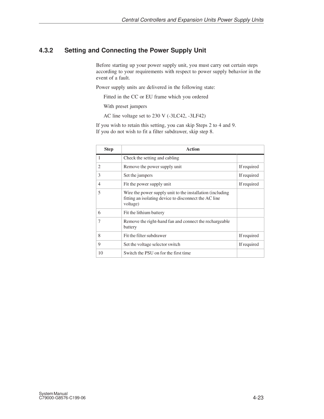 Siemens S5-135U/155U appendix Setting and Connecting the Power Supply Unit, Step Action 