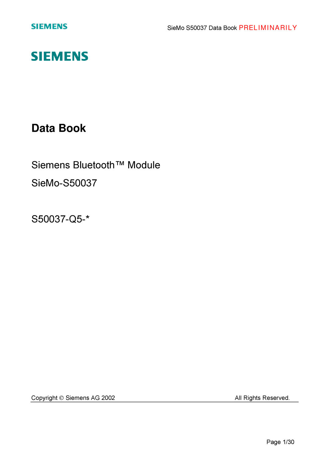 Siemens S50037 manual Data Book 