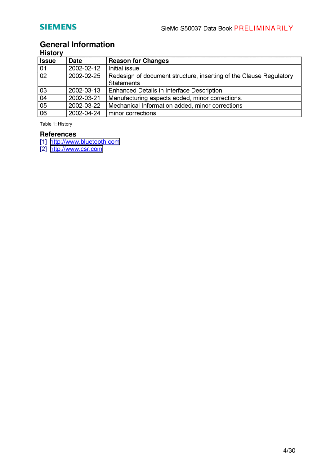 Siemens S50037 manual General Information, History, References, Issue Date Reason for Changes 