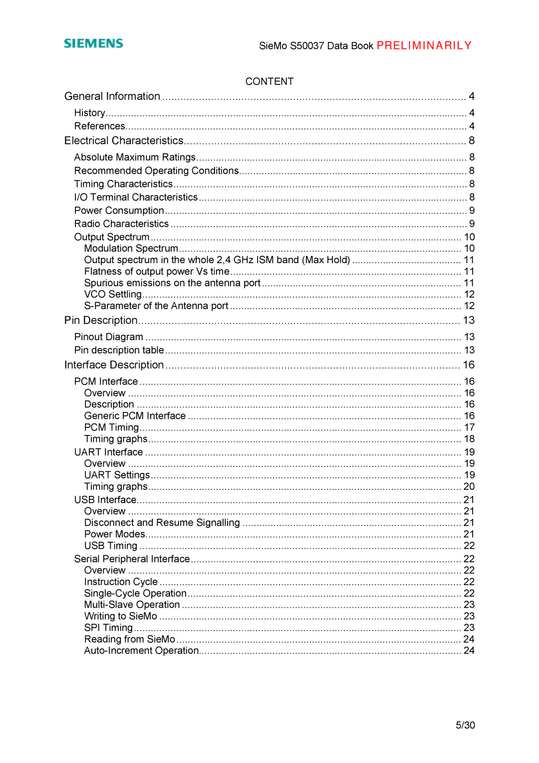 Siemens S50037 manual General Information, Electrical Characteristics, Pin Description, Interface Description, Content 