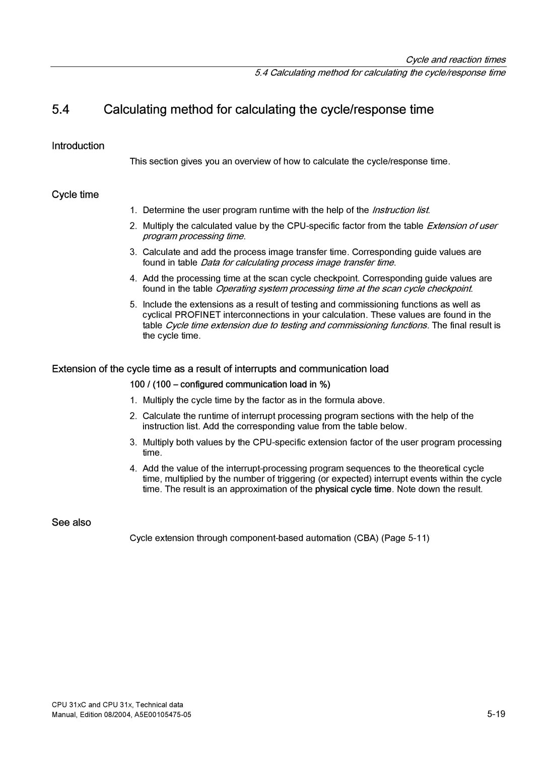 Siemens S7-300 appendix Calculating method for calculating the cycle/response time, Cycle time 