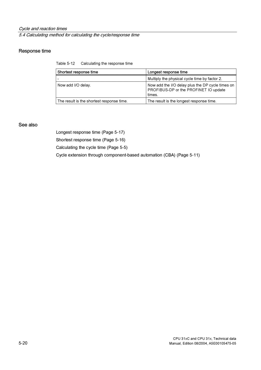 Siemens S7-300 appendix Response time, Shortest response time Longest response time 