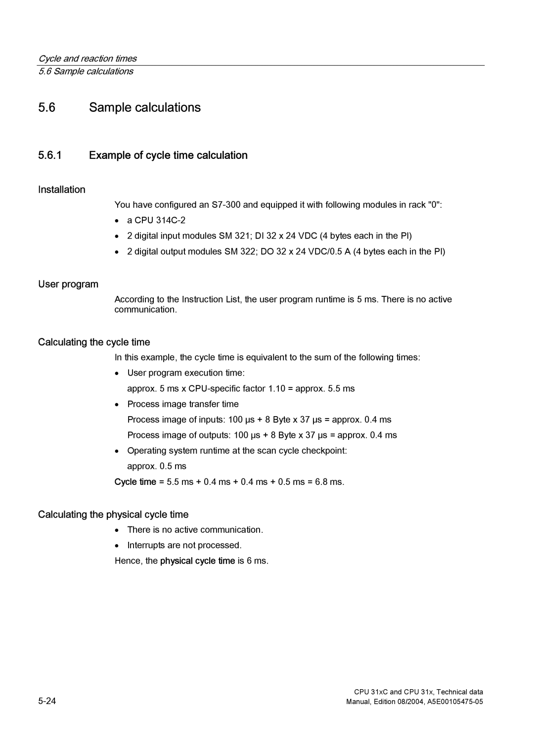 Siemens S7-300 appendix Sample calculations, Example of cycle time calculation 