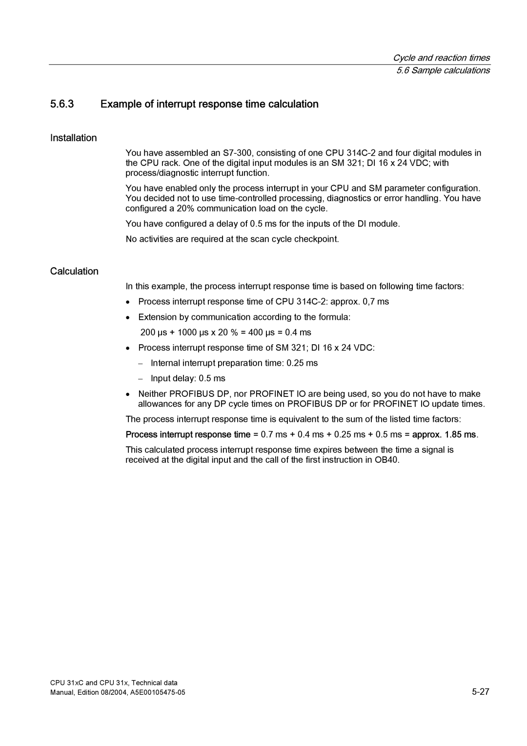 Siemens S7-300 appendix Example of interrupt response time calculation, Calculation 