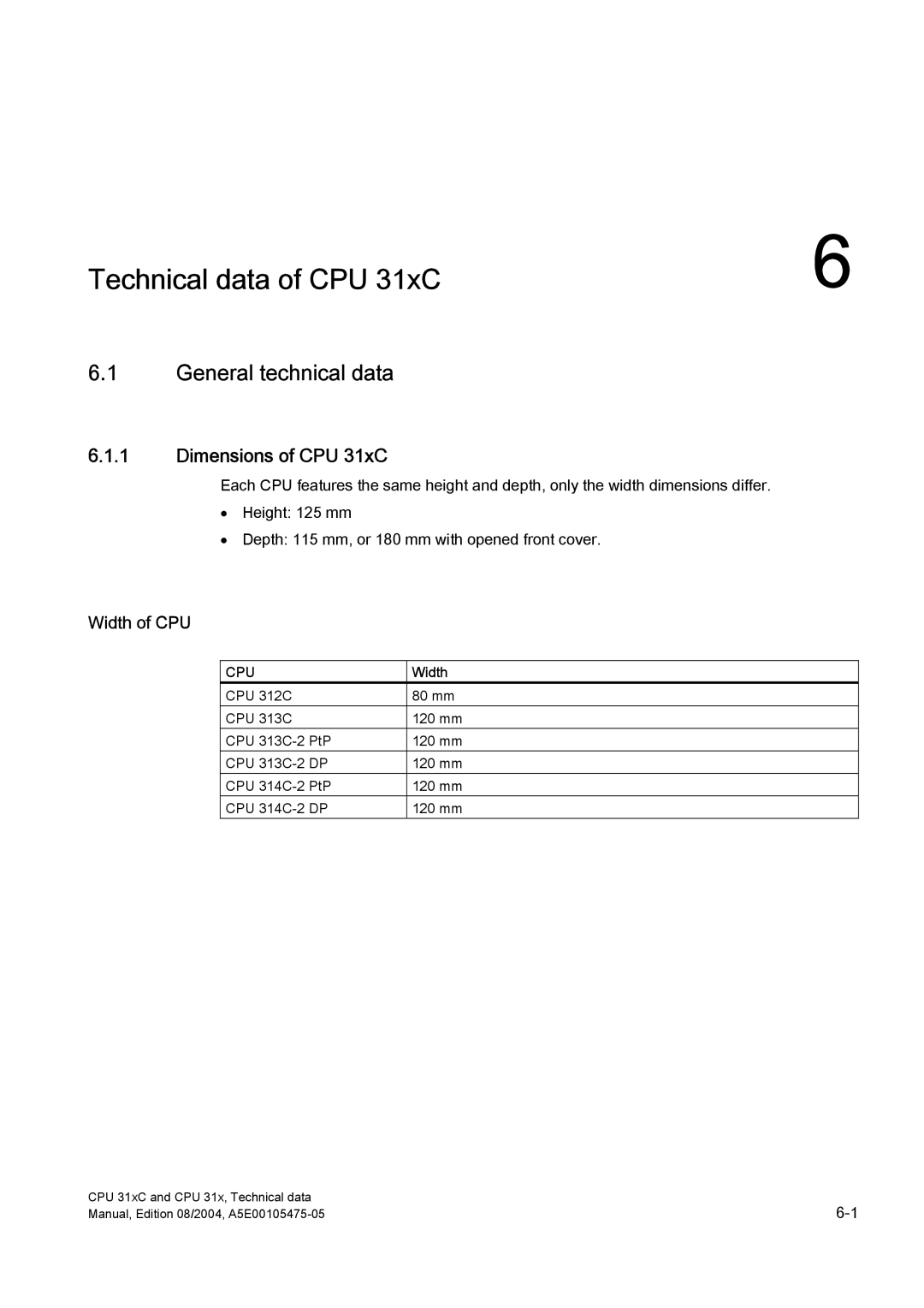 Siemens S7-300 appendix General technical data, Dimensions of CPU 31xC, Width of CPU 