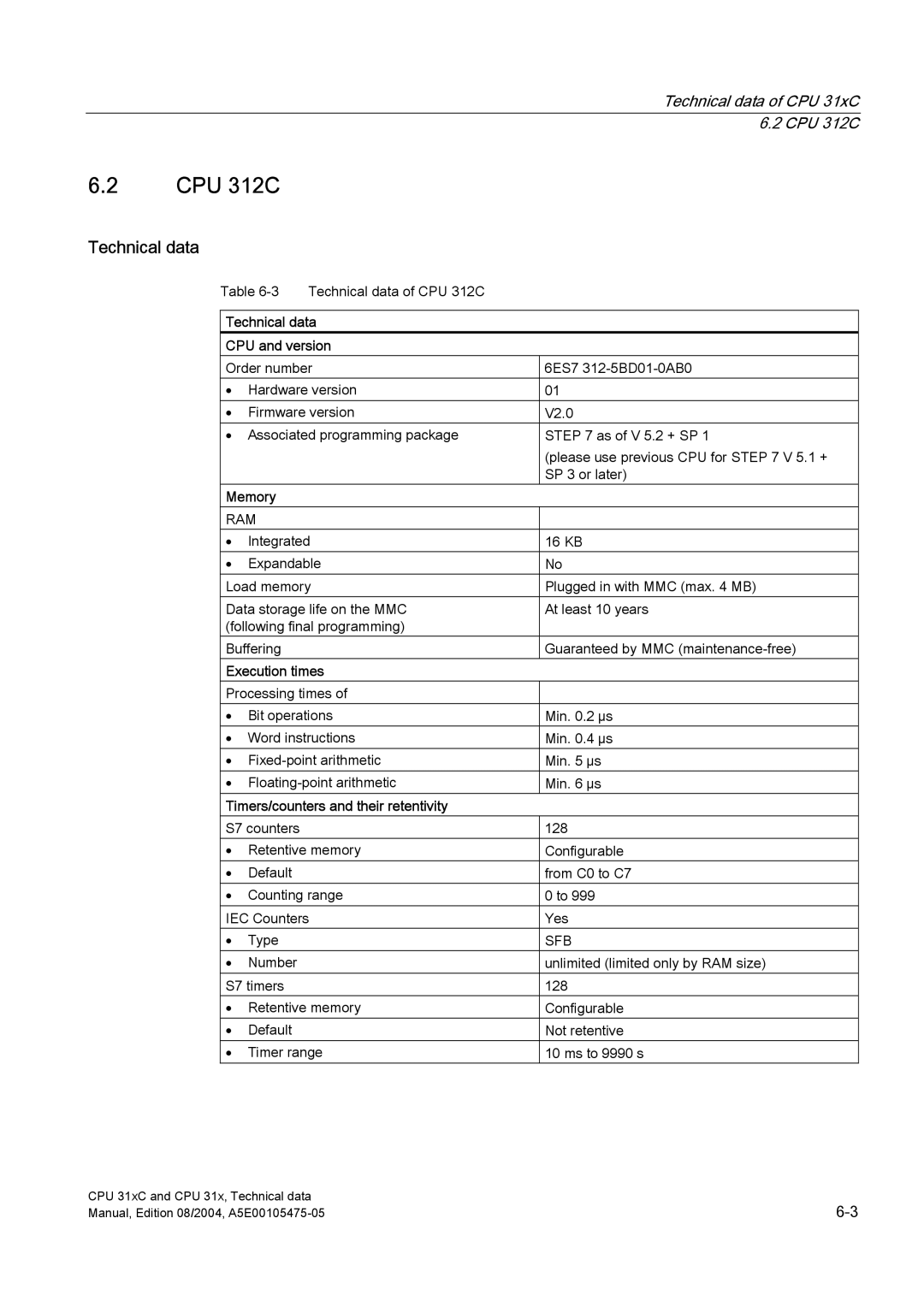 Siemens S7-300 appendix CPU 312C, Technical data 