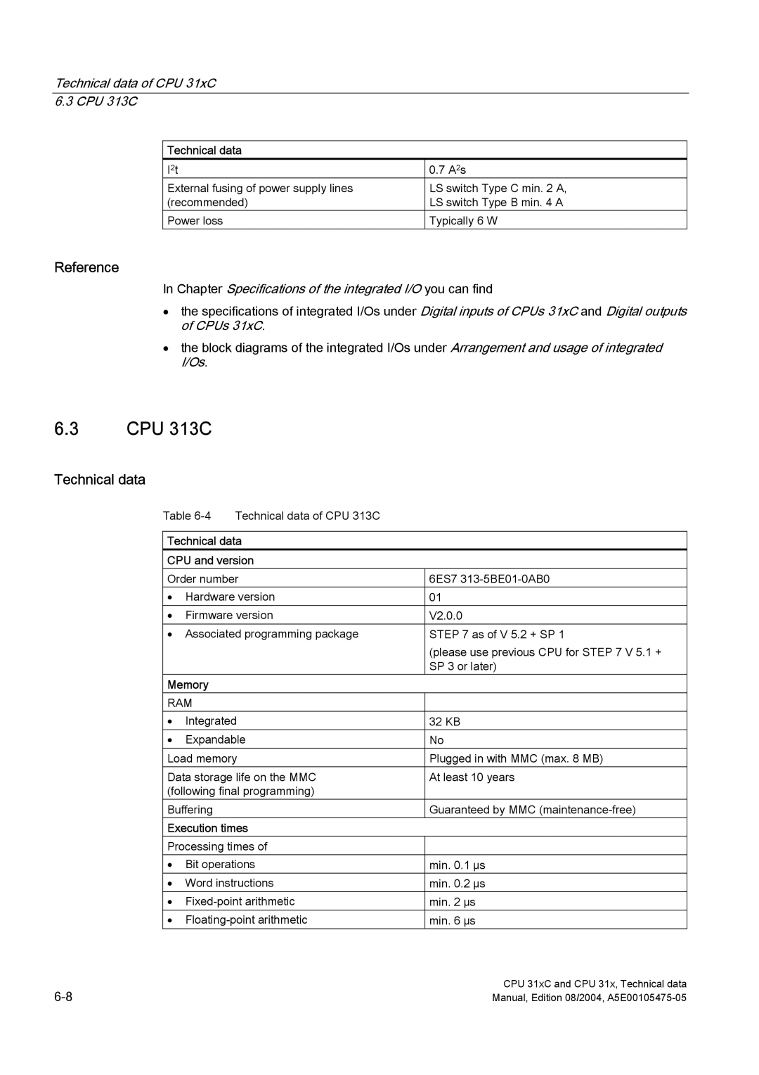 Siemens S7-300 appendix Technical data of CPU 31xC 6.3 CPU 313C 