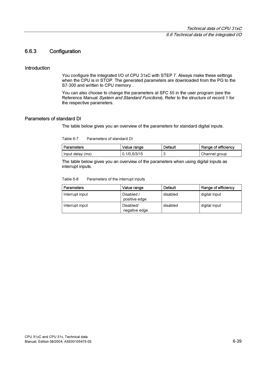 Siemens S7-300 appendix Configuration, Parameters of standard DI, Value range Default Range of efficiency 