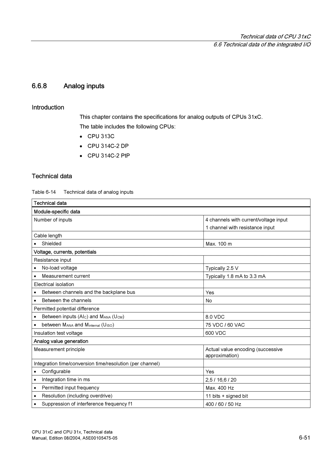 Siemens S7-300 Analog inputs, Technical data Module-specific data, Voltage, currents, potentials, Analog value generation 