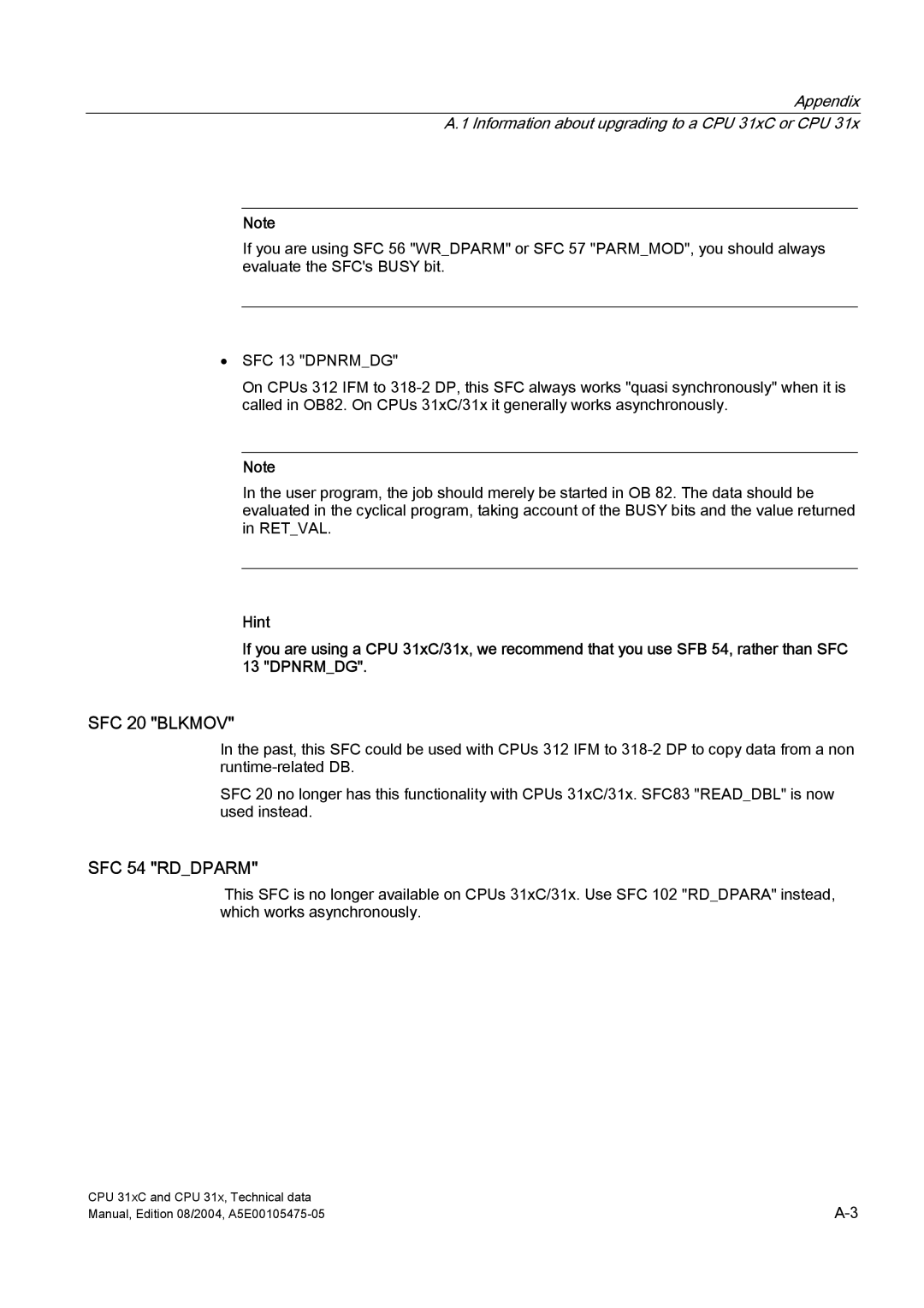 Siemens S7-300 appendix SFC 20 Blkmov, SFC 54 Rddparm 