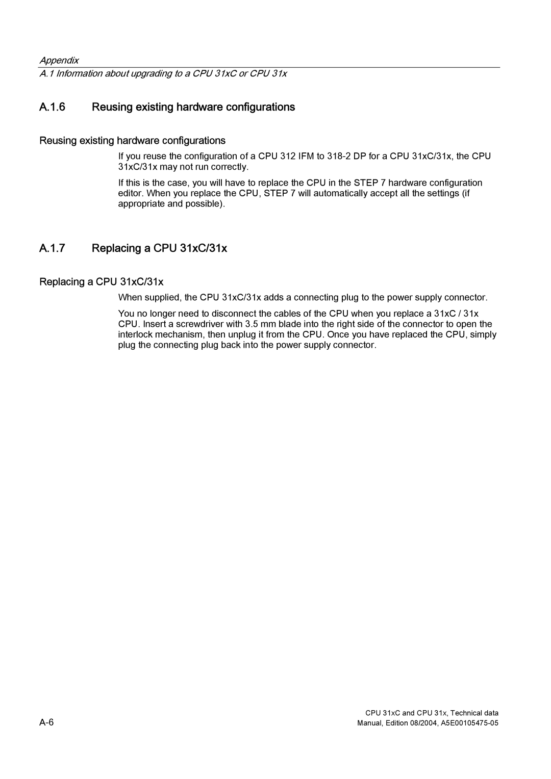 Siemens S7-300 appendix Reusing existing hardware configurations, Replacing a CPU 31xC/31x 