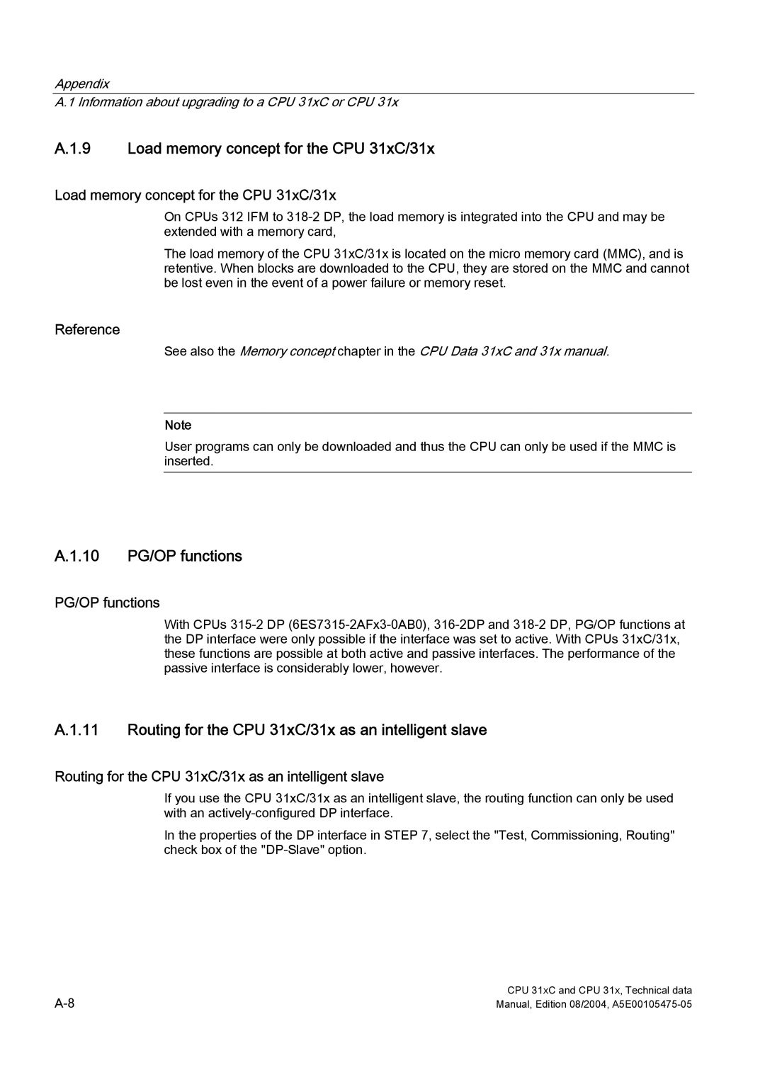 Siemens S7-300 appendix Load memory concept for the CPU 31xC/31x, 10 PG/OP functions 