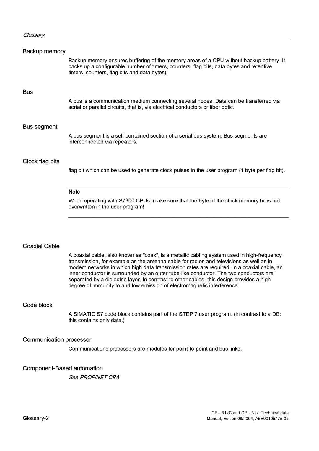 Siemens S7-300 appendix Backup memory, Bus segment, Clock flag bits, Coaxial Cable, Code block, Communication processor 