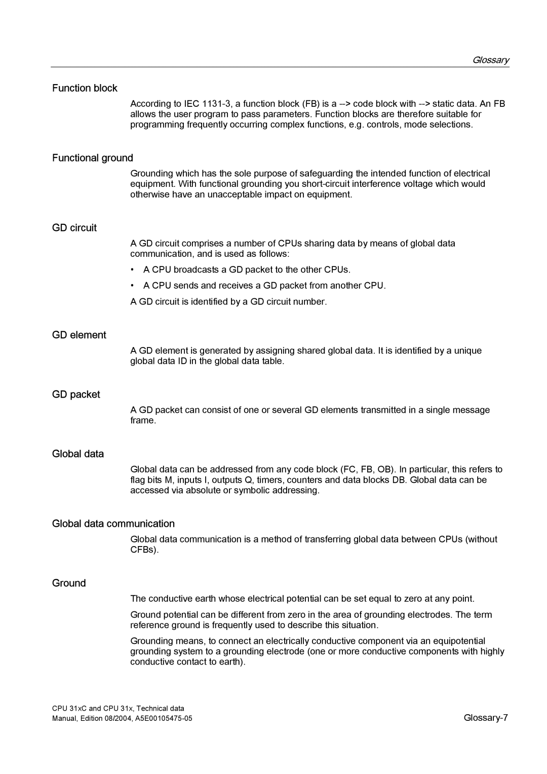 Siemens S7-300 appendix Function block, Functional ground, GD circuit, GD element, GD packet, Global data, Ground 
