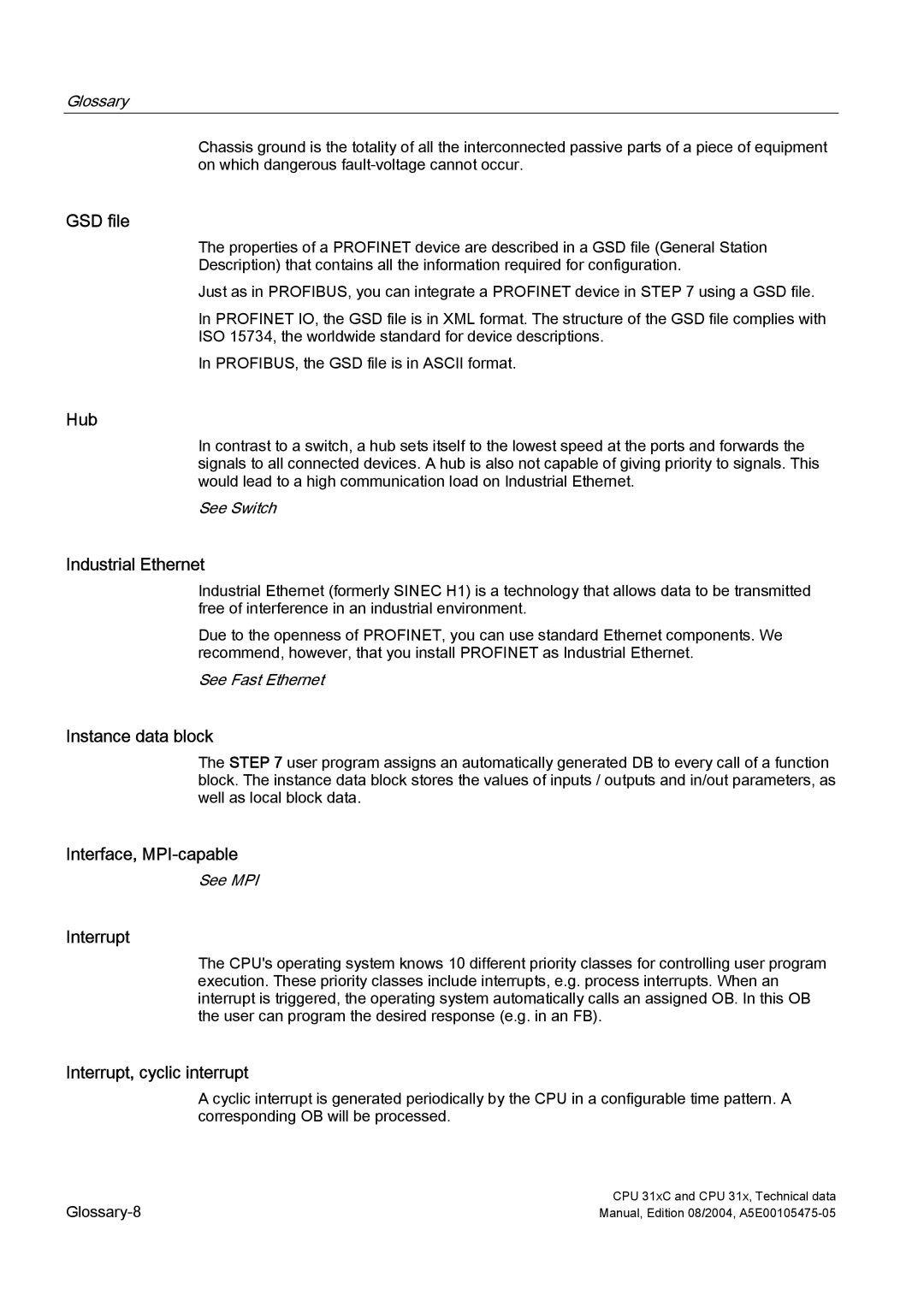 Siemens S7-300 appendix GSD file, Hub, Industrial Ethernet, Instance data block, Interface, MPI-capable, Interrupt 