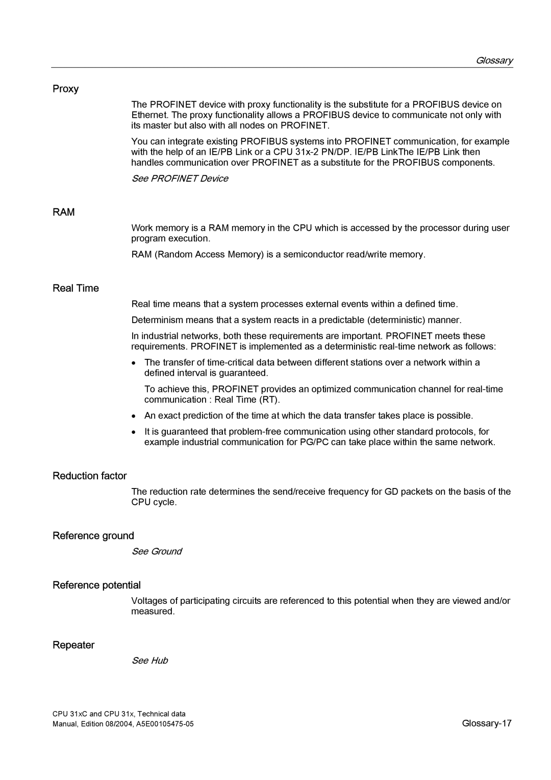 Siemens S7-300 appendix Proxy, Real Time, Reduction factor, Reference ground, Reference potential, Repeater 