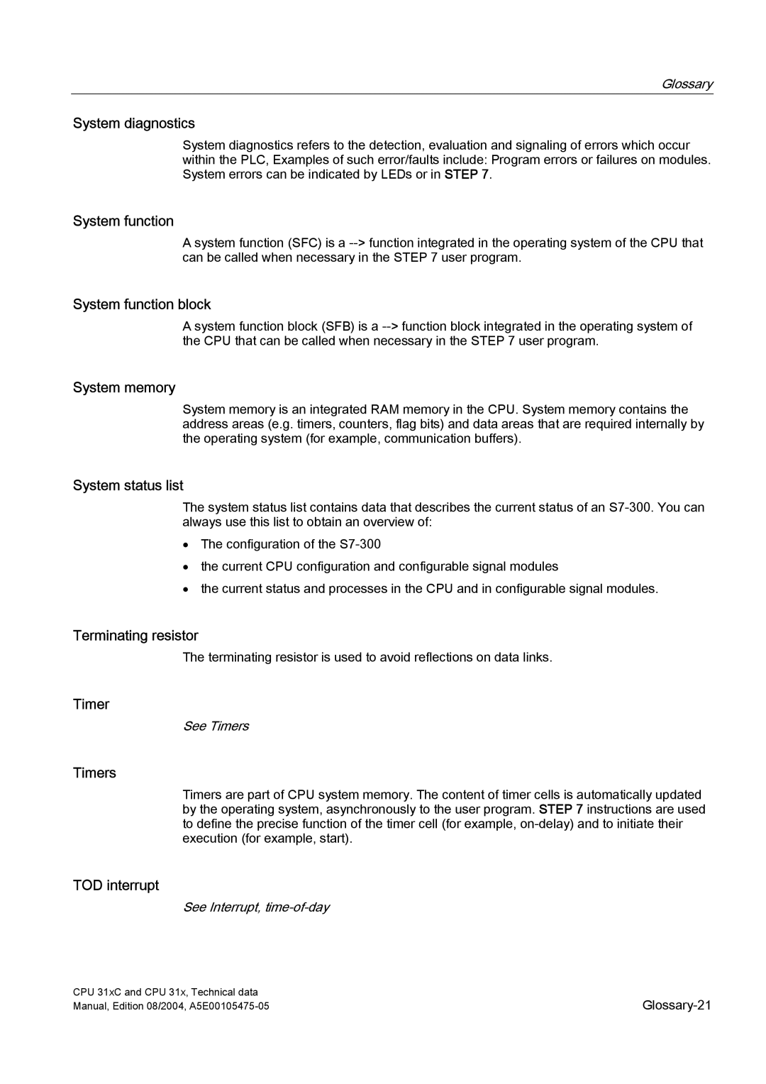 Siemens S7-300 appendix System diagnostics, System function block, System status list, Terminating resistor, Timers 