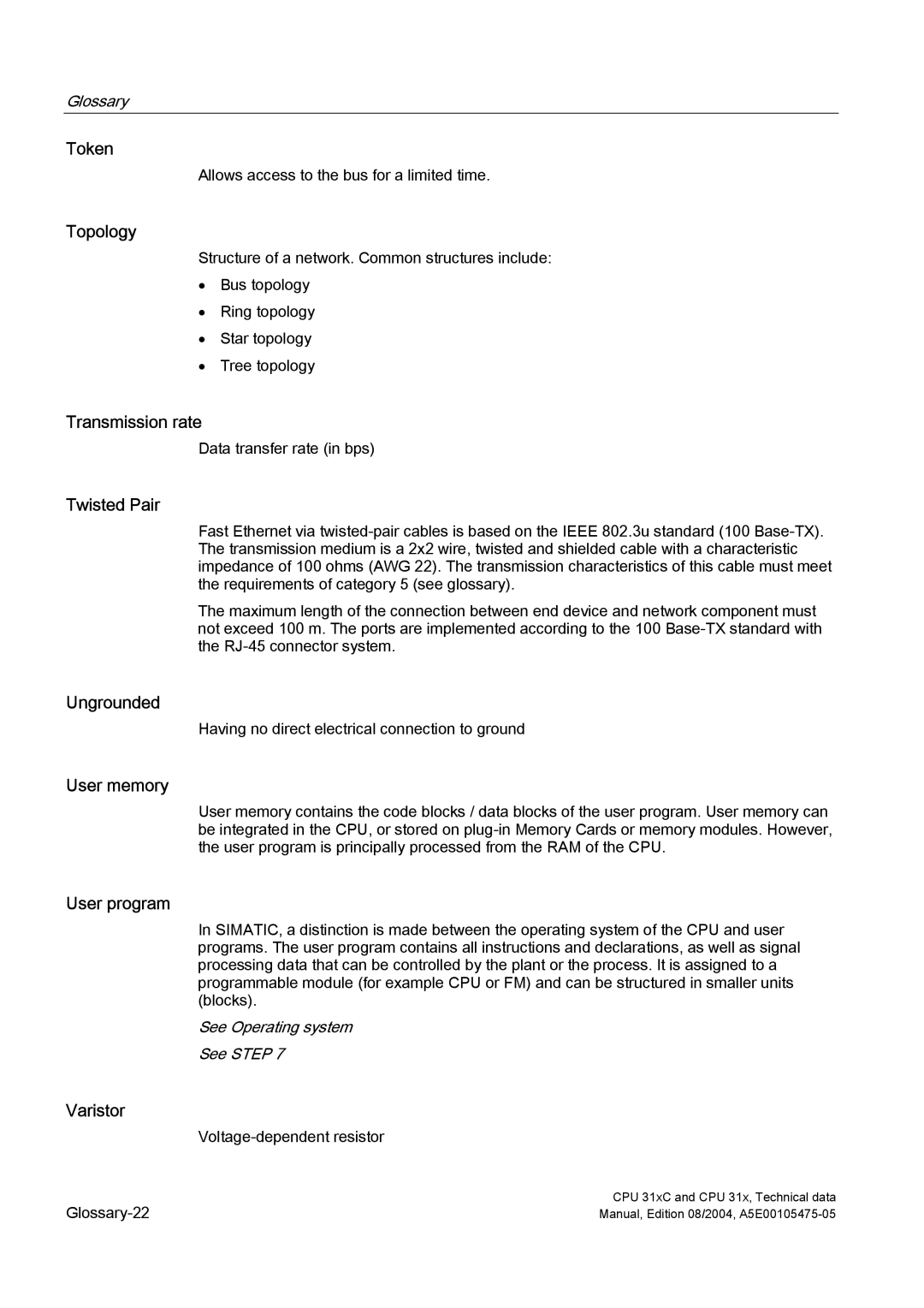 Siemens S7-300 appendix Token, Topology, Twisted Pair, Ungrounded, User memory, Varistor 