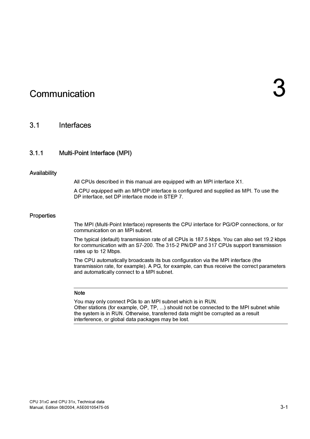 Siemens S7-300 appendix Interfaces, Multi-Point Interface MPI, Availability, Properties 