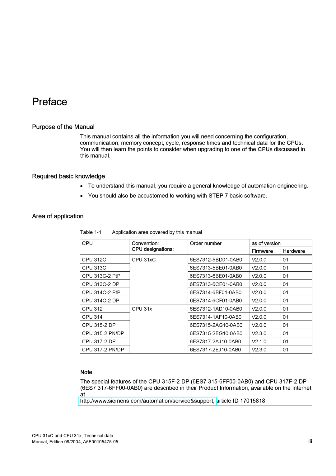 Siemens S7-300 appendix Purpose of the Manual, Required basic knowledge, Area of application, Iii 