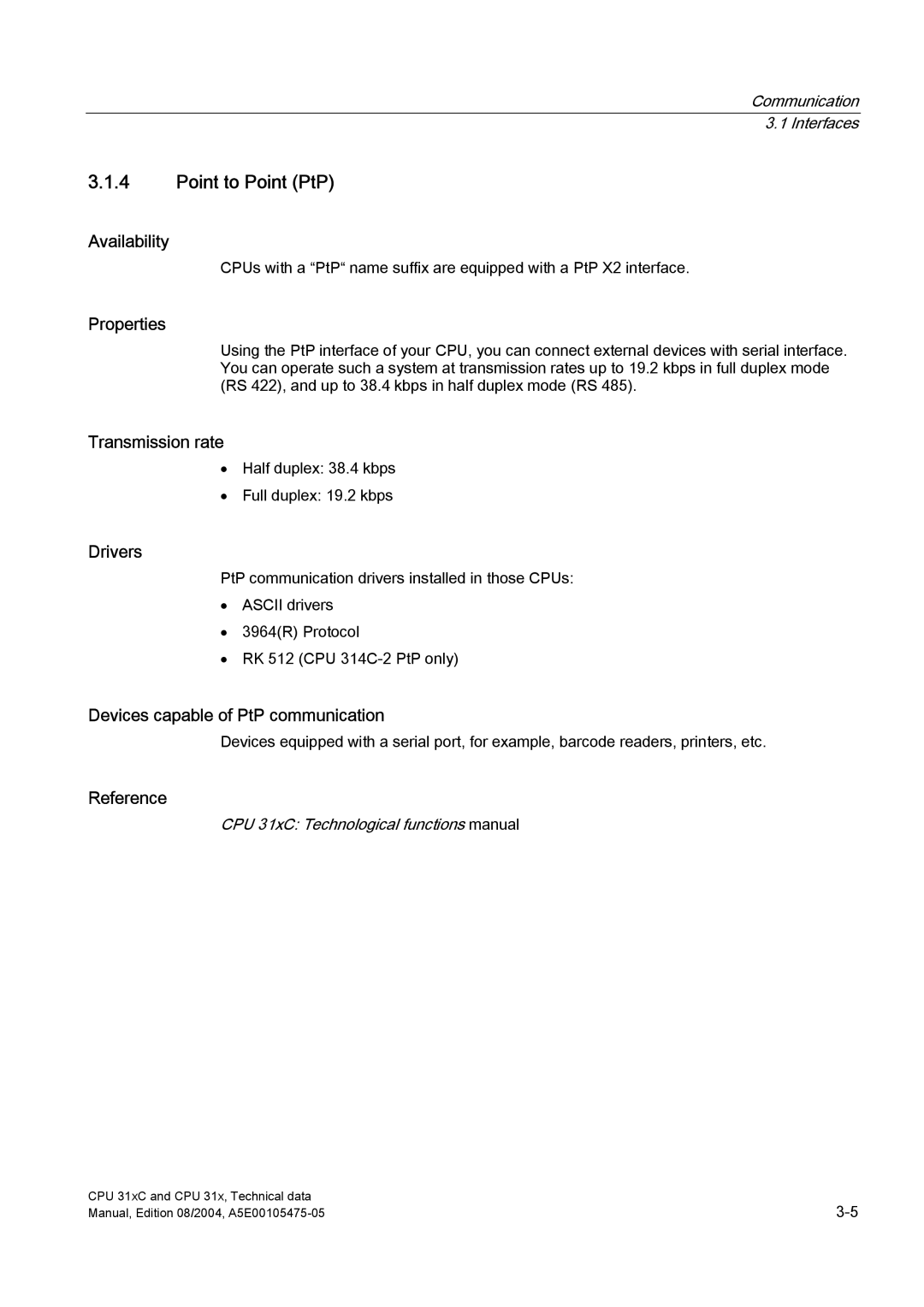 Siemens S7-300 appendix Point to Point PtP, Transmission rate, Drivers, Devices capable of PtP communication 