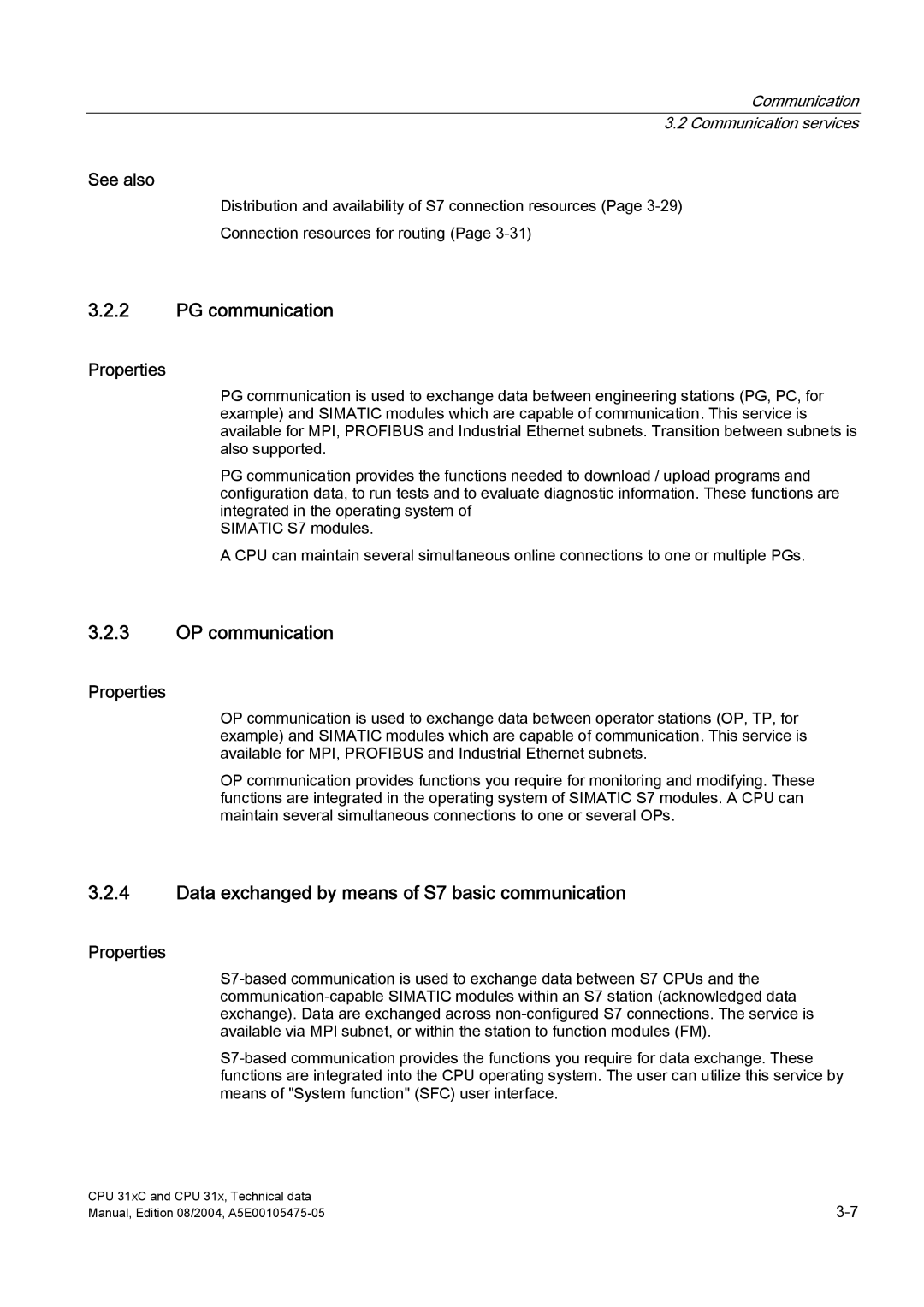 Siemens S7-300 appendix PG communication, OP communication, Data exchanged by means of S7 basic communication 