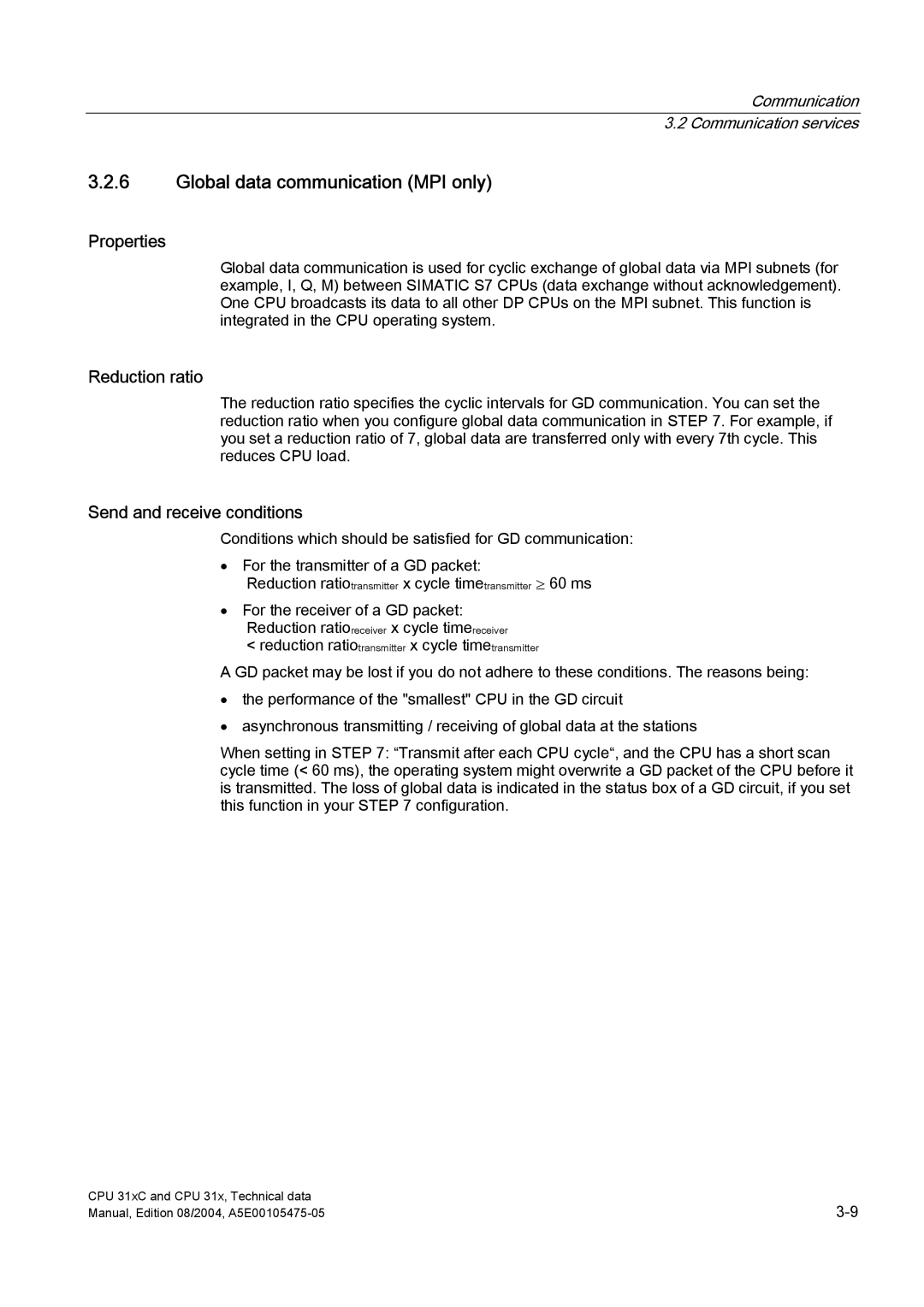 Siemens S7-300 appendix Global data communication MPI only, Reduction ratio, Send and receive conditions 