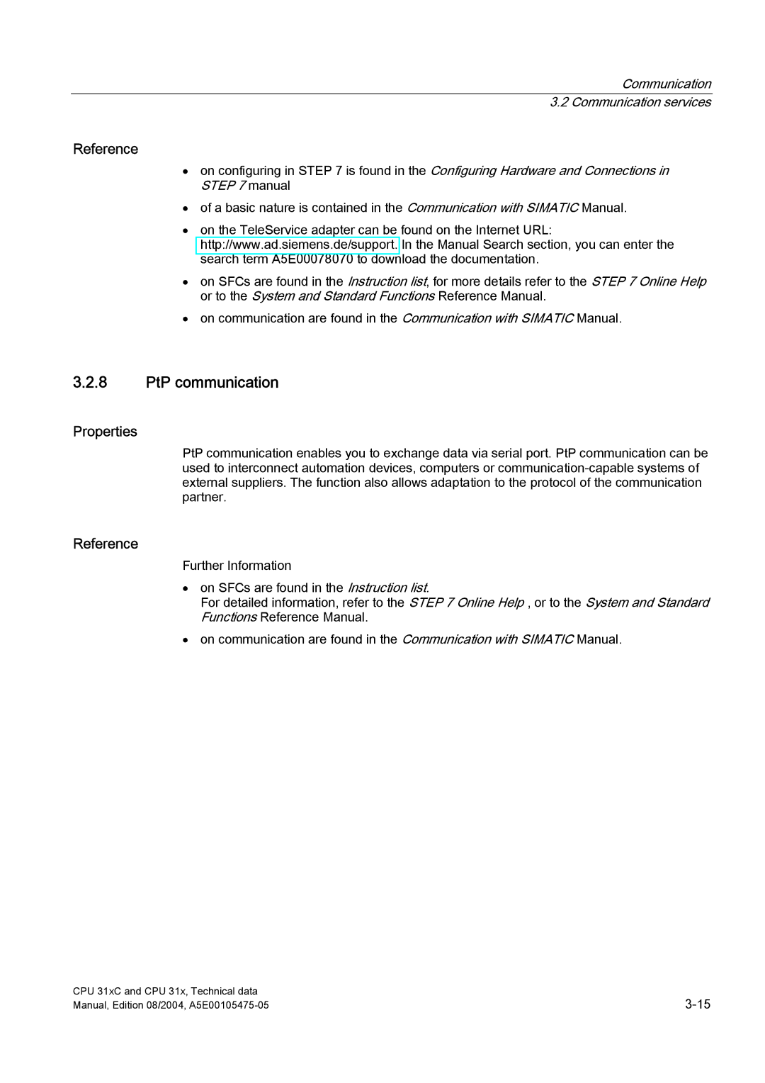 Siemens S7-300 appendix PtP communication, Reference 