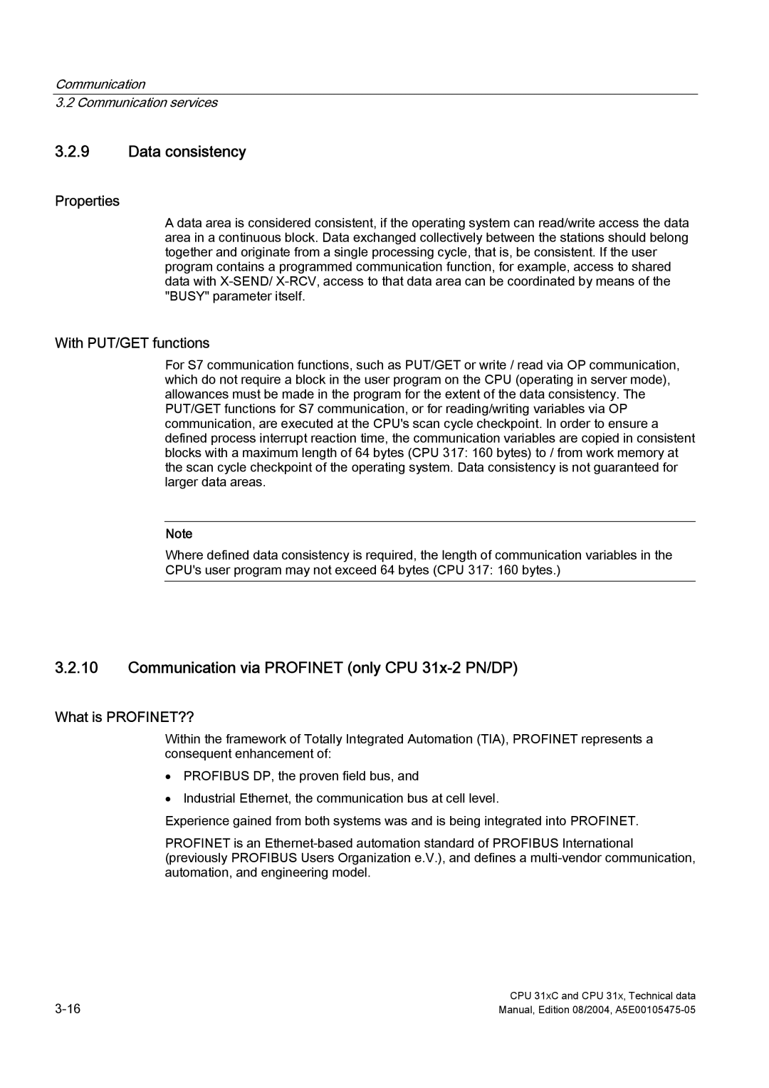 Siemens S7-300 appendix Data consistency, Communication via Profinet only CPU 31x-2 PN/DP, With PUT/GET functions 