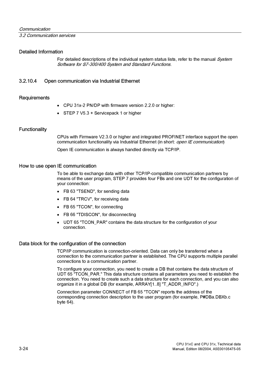 Siemens S7-300 Open communication via Industrial Ethernet Requirements, Functionality, How to use open IE communication 