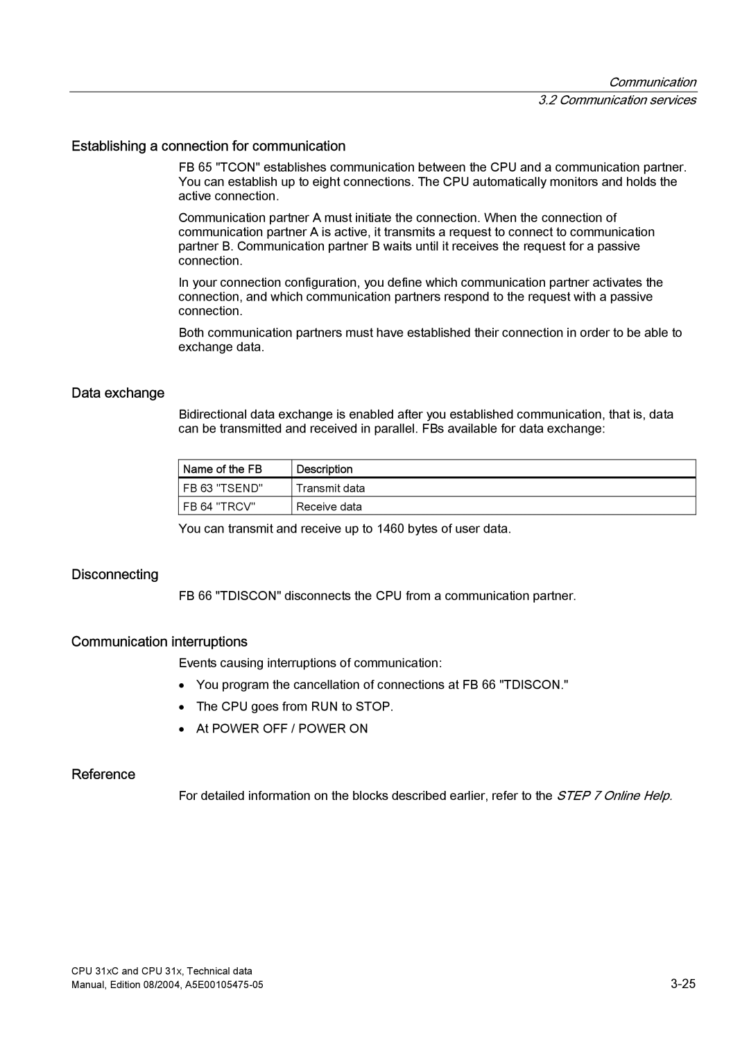 Siemens S7-300 Establishing a connection for communication, Data exchange, Disconnecting, Communication interruptions 