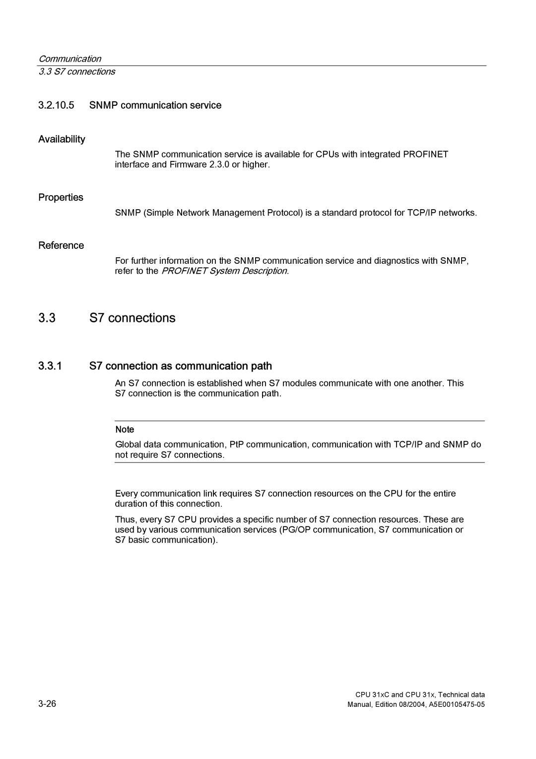 Siemens S7-300 appendix S7 connections, 1 S7 connection as communication path, Snmp communication service Availability 