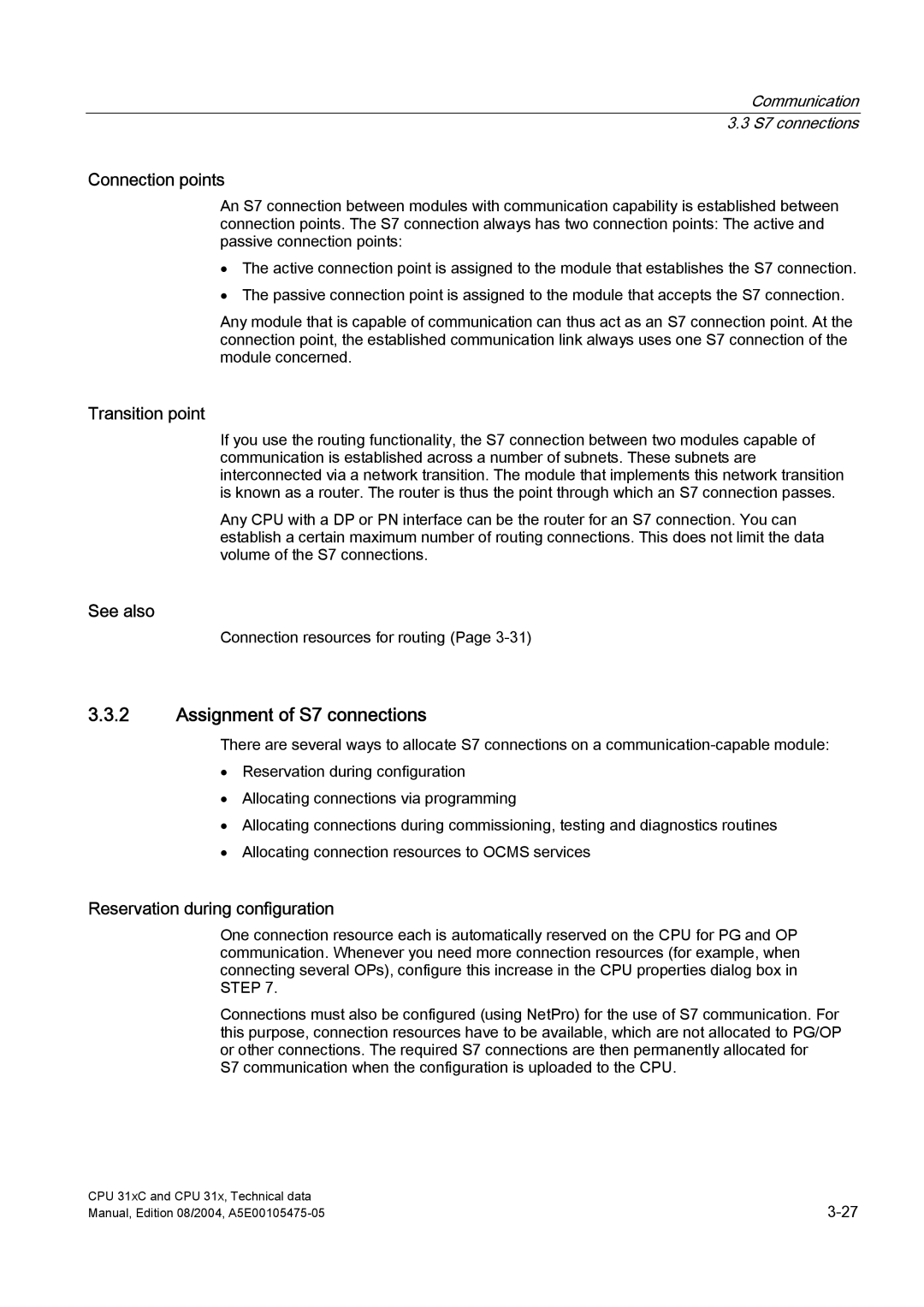 Siemens S7-300 appendix Assignment of S7 connections, Connection points, Transition point, Reservation during configuration 