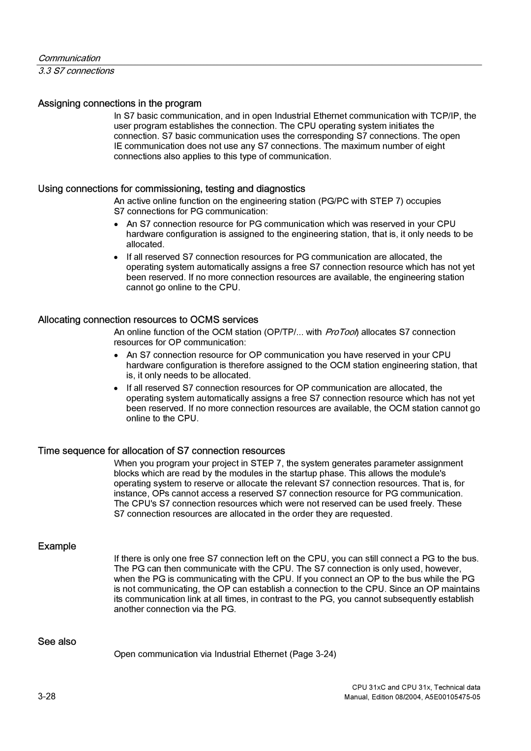 Siemens S7-300 appendix Assigning connections in the program, Allocating connection resources to Ocms services, Example 