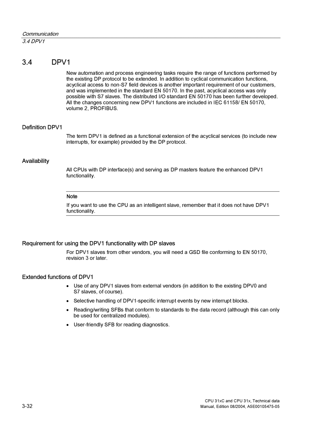 Siemens S7-300 appendix Definition DPV1, Requirement for using the DPV1 functionality with DP slaves 