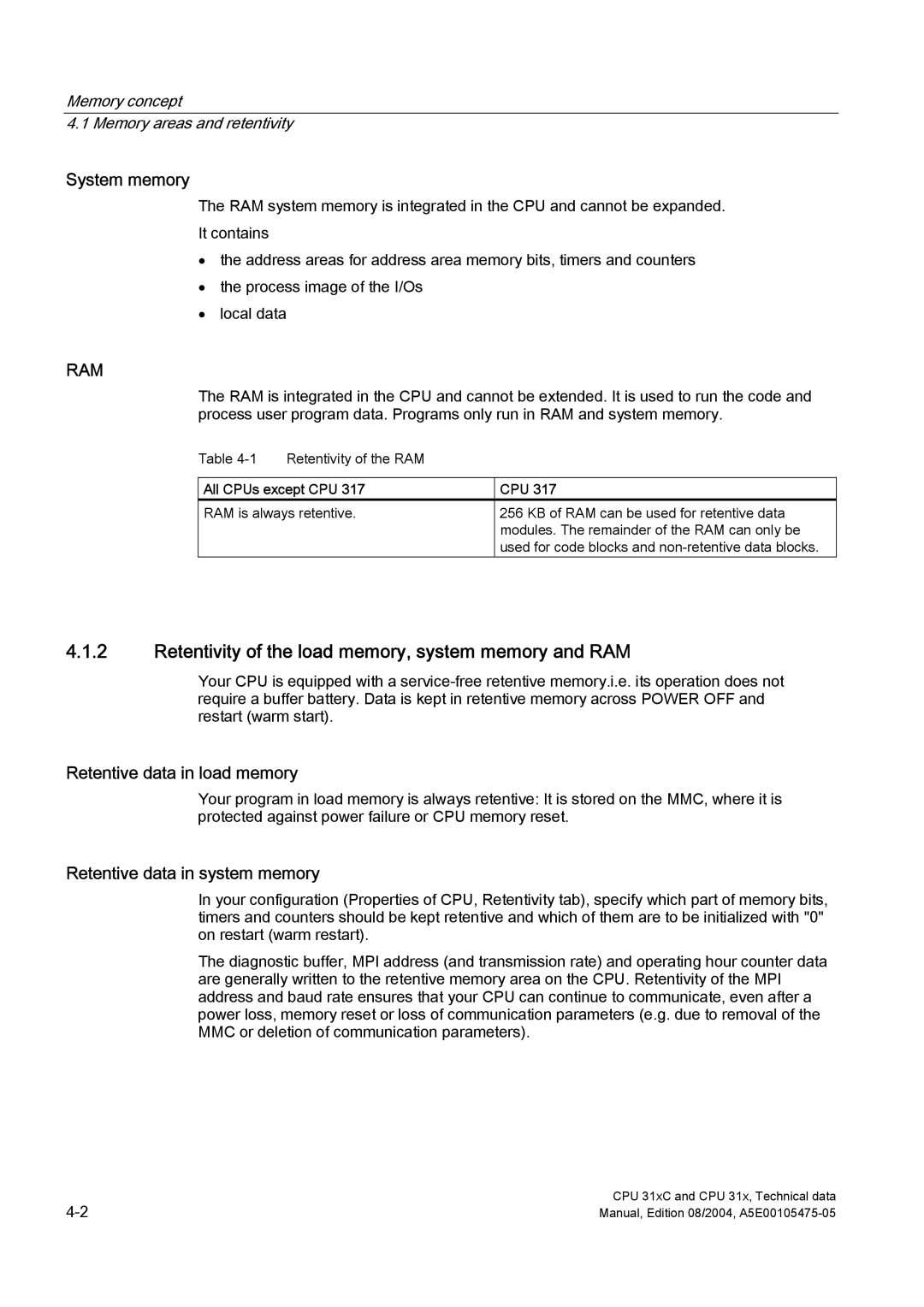 Siemens S7-300 Retentivity of the load memory, system memory and RAM, System memory, Ram, Retentive data in load memory 