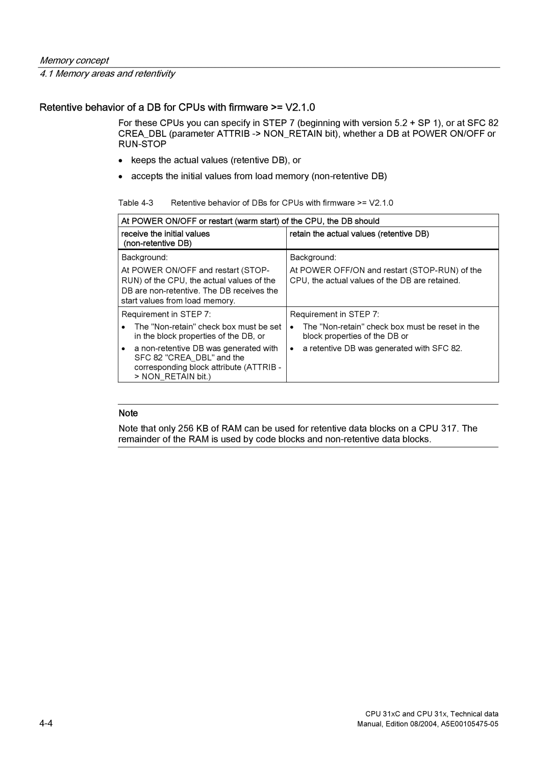 Siemens S7-300 appendix Retentive behavior of a DB for CPUs with firmware =, Run-Stop 