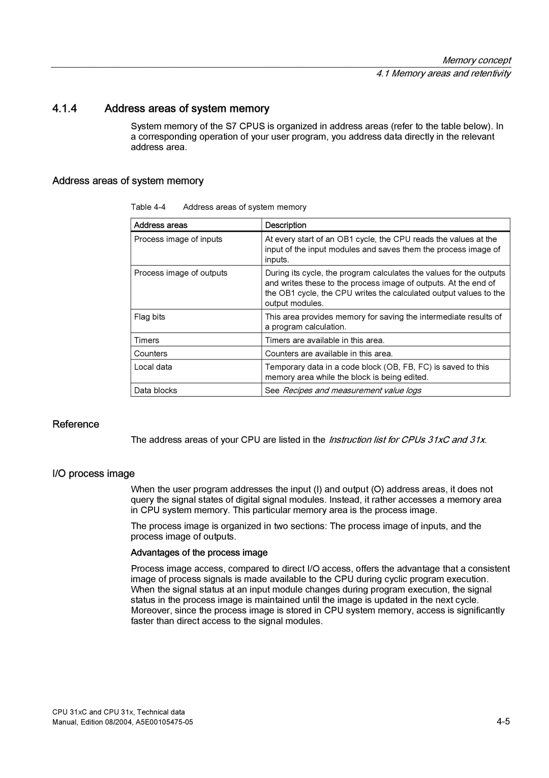 Siemens S7-300 appendix Address areas of system memory, Process image, Address areas Description 