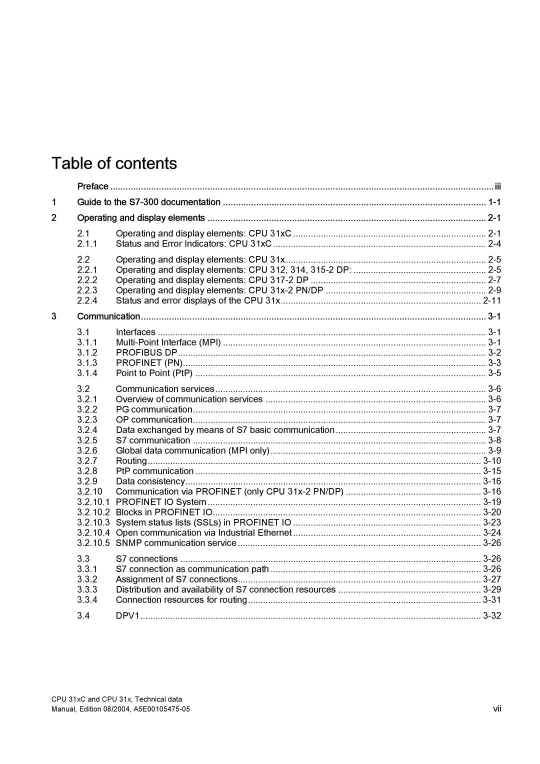 Siemens S7-300 appendix Table of contents 