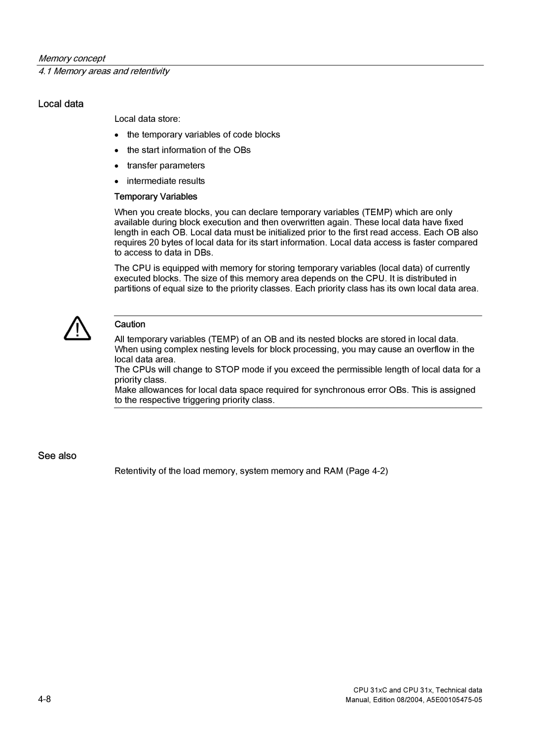 Siemens S7-300 appendix Local data, Retentivity of the load memory, system memory and RAM 